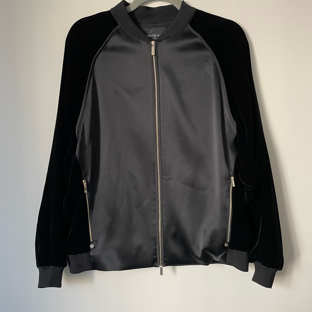 Lafayette 148 New York Brea Velvet-Trimmed Satin Bomber Jacket - Picture 3 of 5